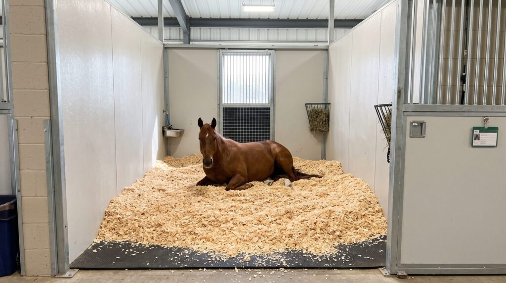 Aparas para clínicas veterinárias equinas: cavalo deitado numa box de internamento com cama espessa de aparas sem pó
