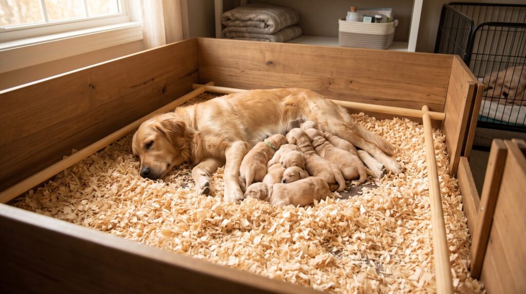 Cadela a amamentar os cachorros numa caixa de parto com cama de aparas para cães sem pó