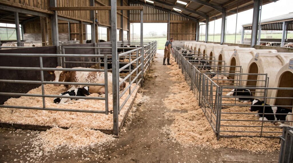 Aparas para bovinos: vaca com o vitelo na box de parto e vitelos em abrigos com cama de aparas