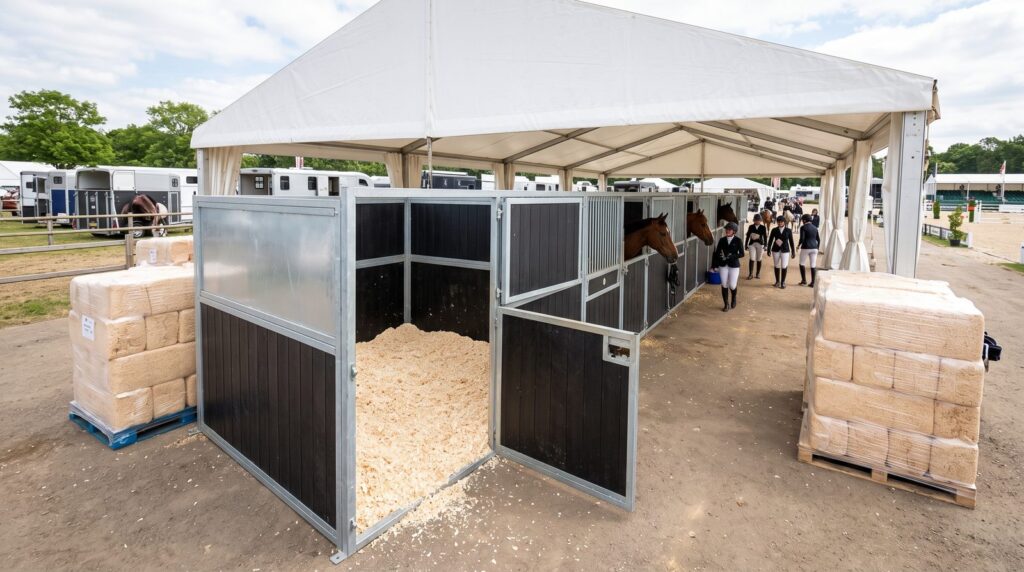 Wood shavings for horse shows: temporary stables bedded with shavings and pallets of bales beside the marquee